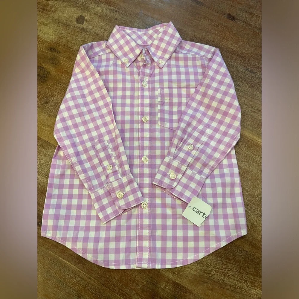 NWT Carters toddler purple‎ and white plaid button down shirt size 2T